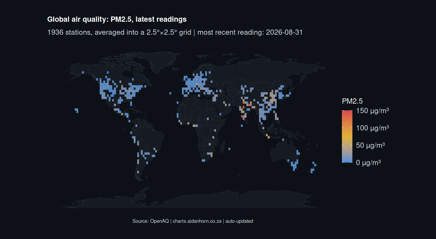 World map of PM2.5 air quality readings